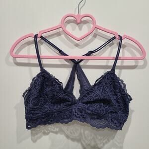 Aerie Womens Sz S Blue Lace Racerback Bralette Strappy Back Lace